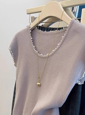 大码女装设计感钉珠冰丝短袖T恤女夏季宽松显瘦时尚无袖上衣薄款