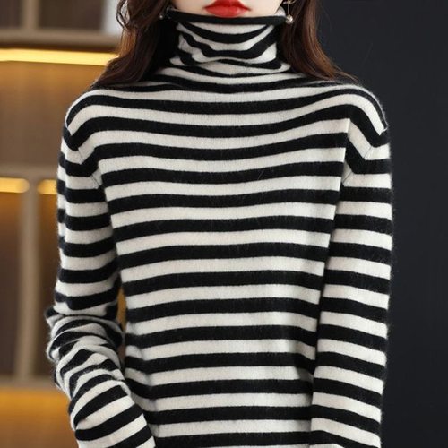 堆堆领条纹针织衫女冬减龄
