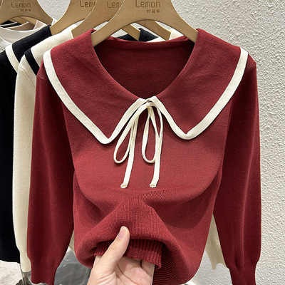 娃娃领系带针织上衣女秋冬