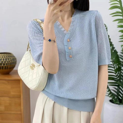 气质V领蕾丝边冰丝针织短袖女夏