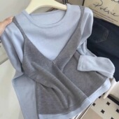 女装 200斤 大码 假两件针织上衣女圆领长袖 叠穿显瘦打底毛衣