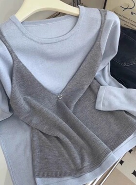 大码女装【80-200斤】假两件针织上衣女圆领长袖叠穿显瘦打底毛衣