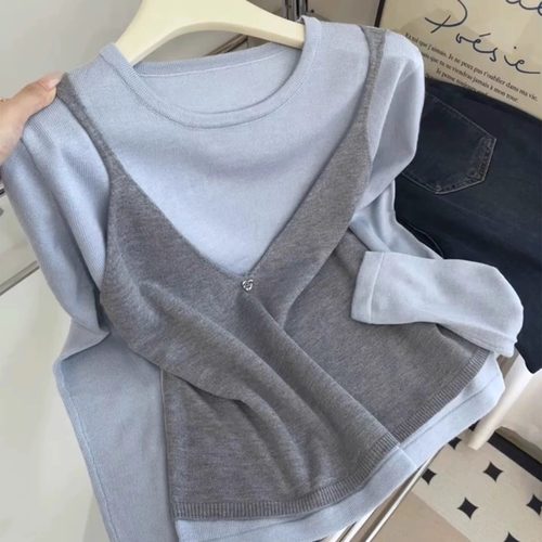 假两件针织上衣女圆领长袖