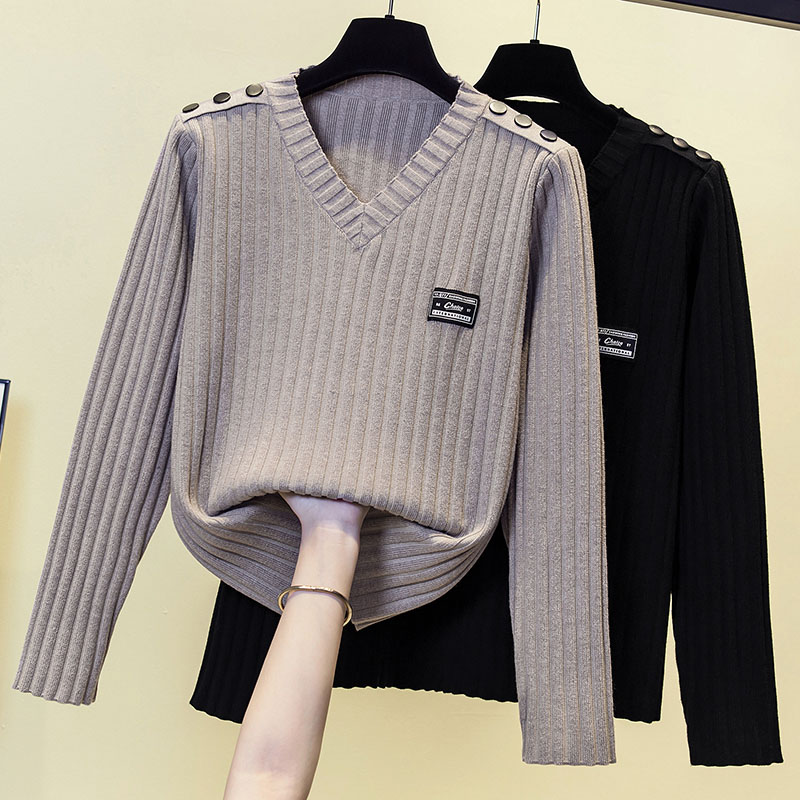 坑条v领打底针织衫女秋冬新款