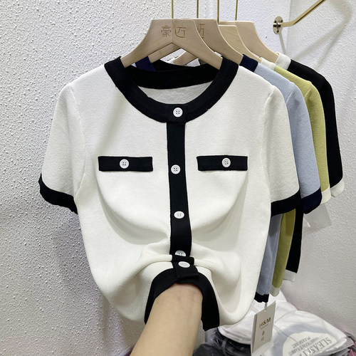 圆领撞色冰丝短袖T恤女夏小香风