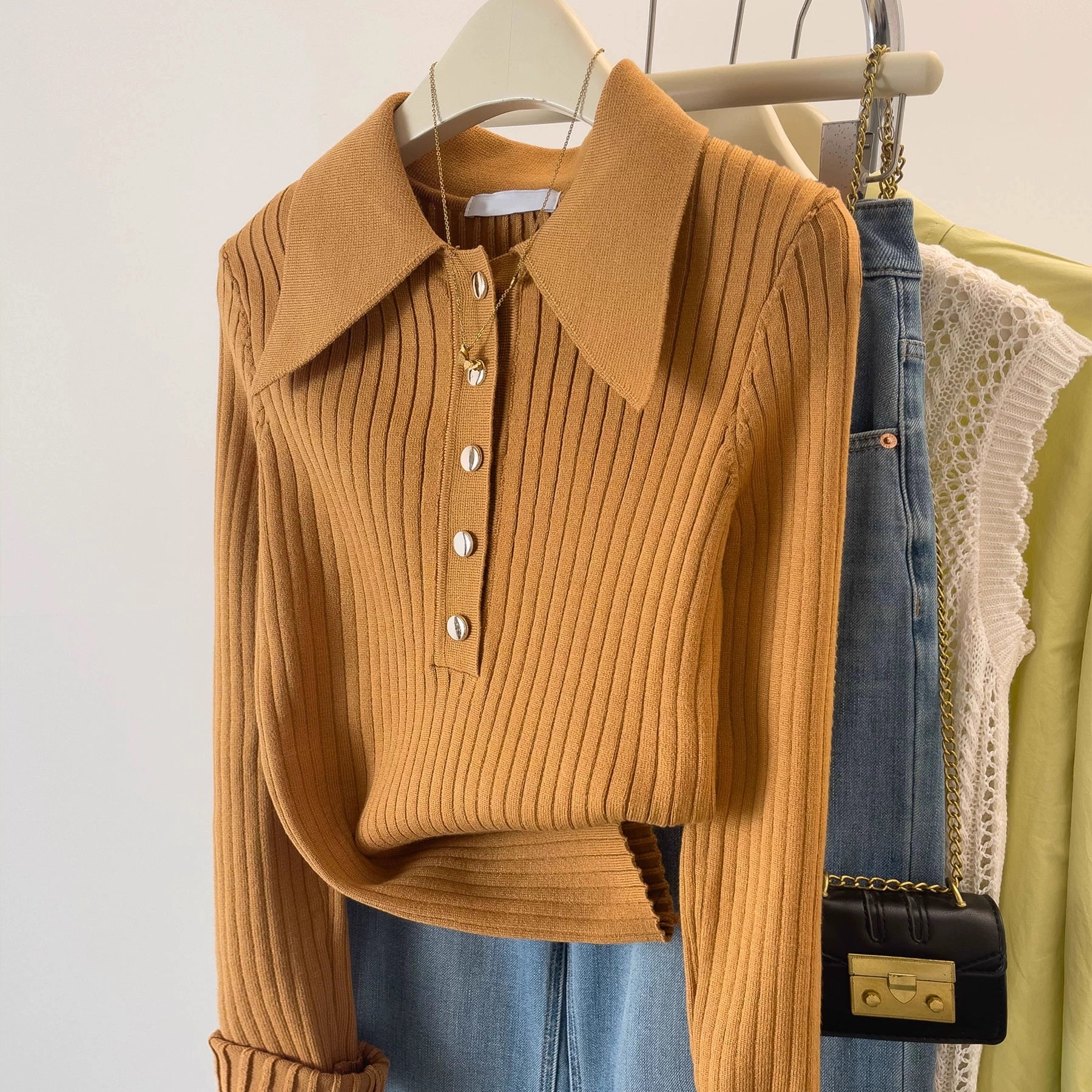 polo领针织上衣女秋宽松显瘦毛衣