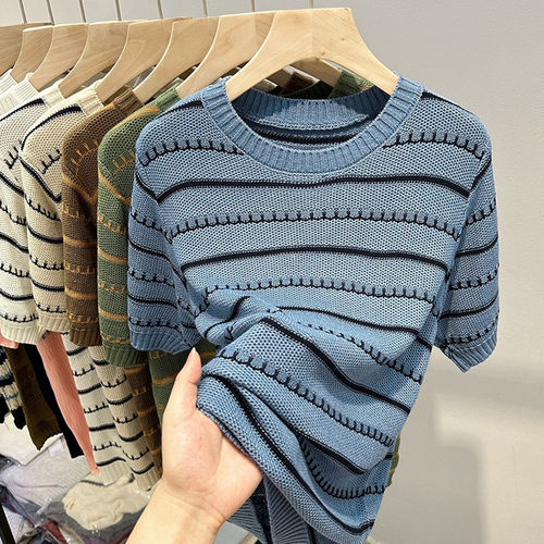 薄款条纹短袖T恤女夏复古撞色