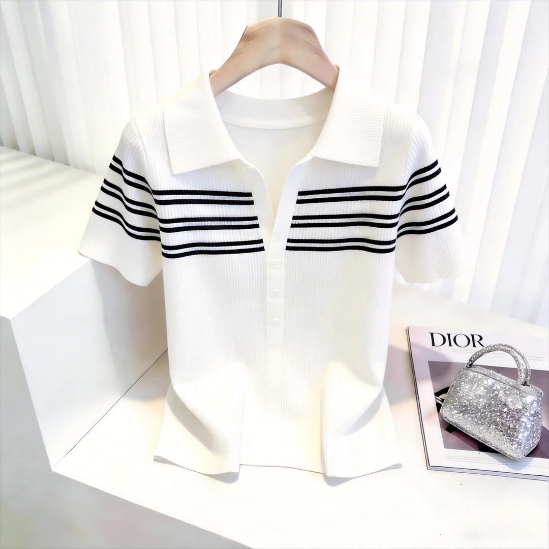 大码女装撞色条纹polo领短袖T恤女夏季半开V领设计感打底针织上衣 - 实物图