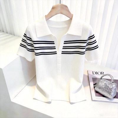 撞色条纹polo领短袖T恤女夏季