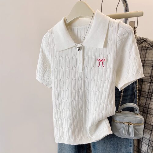 Polo领麻花组织短袖T恤女夏季