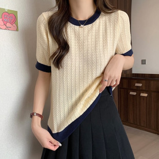 女装 针织衫 圆领冰丝短袖 撞色镂空透气薄款 宽松上衣 T恤女夏季 大码