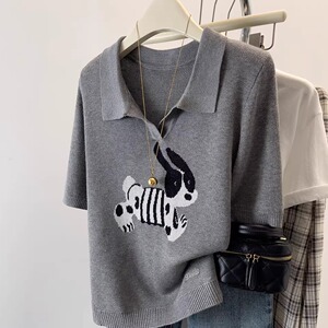 宽松显瘦【80-200斤】洋气减龄Polo领上衣女夏季小狗提花短袖T恤