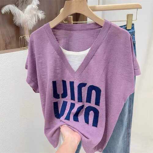 薄款冰丝针织短袖t恤女大码宽松