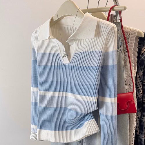 撞色翻领针织上衣女秋冬