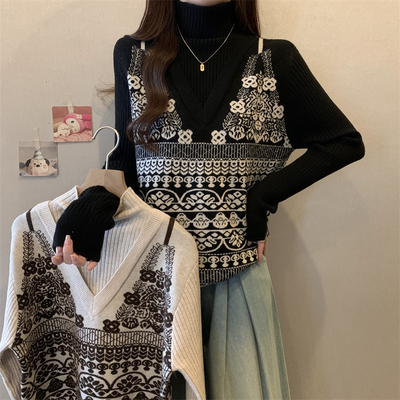 假两件提花针织衫女秋冬半高领
