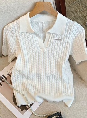 【80-200斤】气质翻领冰丝针织上衣女夏大码宽松显瘦麻花短袖T恤