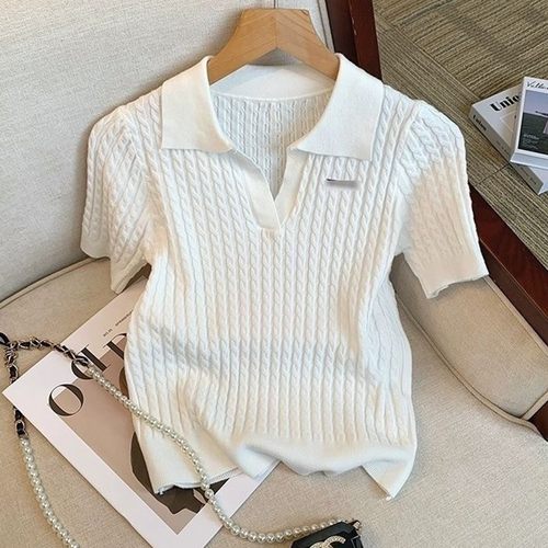 气质翻领冰丝针织上衣女夏