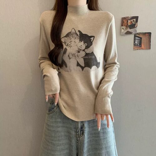 半高领卡通猫咪针织衫女