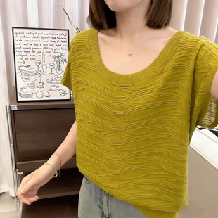 T恤女夏薄款 宽松遮肚 复古螺纹冰丝短袖 200斤 圆领减龄上衣