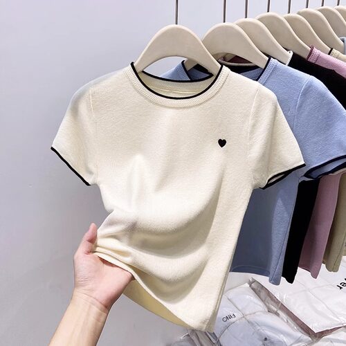 经典爱心刺绣冰丝短袖T恤女夏