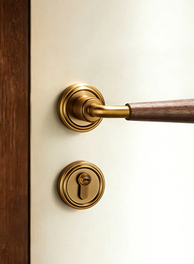 复古门锁胡桃木中式门把手磁吸静音家用原木风法式卧室内房门锁具