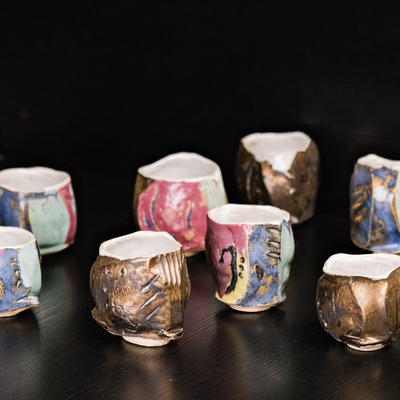 凹凸集 | Kittiantal手作陶泥柴烧金属鎏金切削茶杯 壶承爆石朴拙