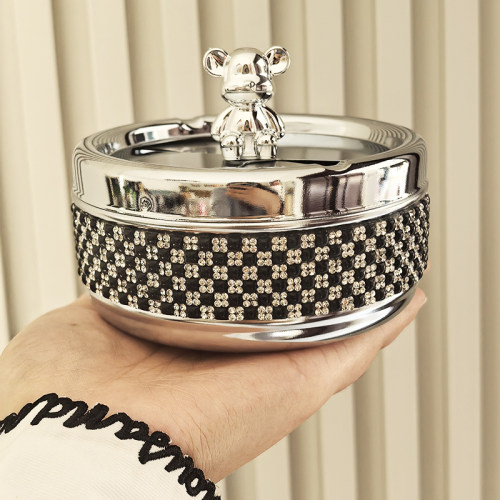 轻奢镶钻小熊闭合盖防风金属烟灰缸客厅茶几摆件KTV酒店会所烟缸