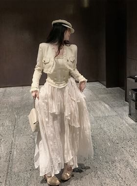 泡菜家 名媛风气质小香风外套女粗花呢性感修身抹胸米白色半身裙