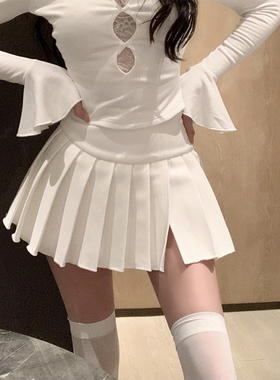 泡菜家 纯欲风开叉高腰毛呢百褶裙女性感辣妹半身裙百搭A字型短裙