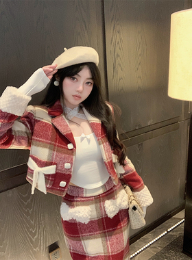 泡菜家 复古红色格子毛呢短外套上衣女新年炸街半身裙冬装两件套
