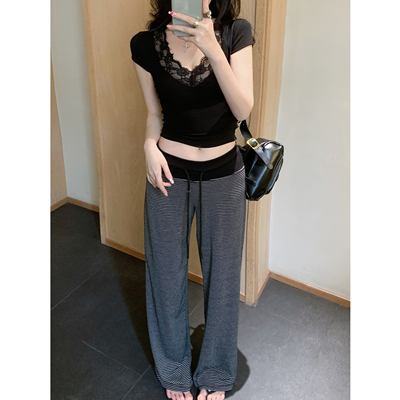 泡菜家 韩版慵懒条纹直筒显瘦休闲裤女宽松阔腿拖地长裤子夏