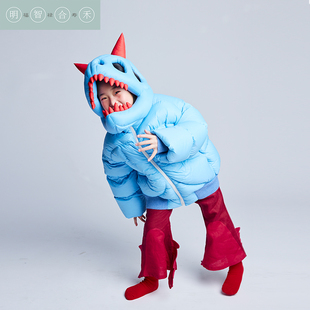 明智合禾原创设计儿童恐龙羽绒湖蓝色手工立体加厚面包羽绒服