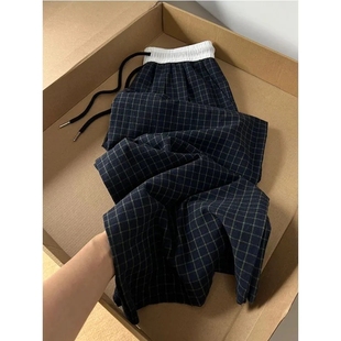 宽松垂感直筒阔腿裤 美式 薄款 女2025年夏季 女 复古假两件格子休闲裤