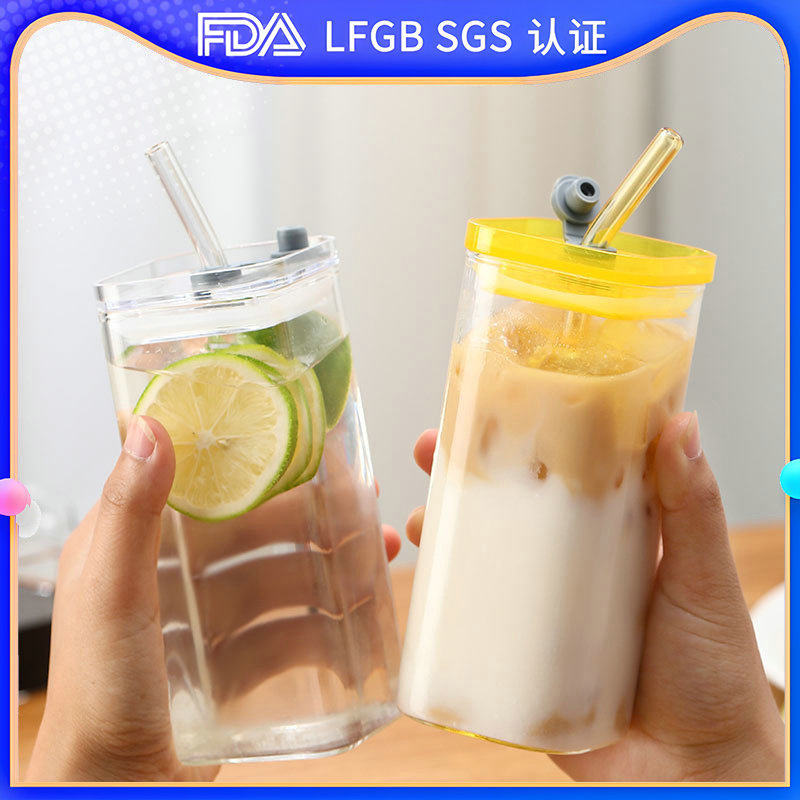 高颜值带盖吸管耐热玻璃杯ins风高硼硅牛奶咖啡果汁杯方口玻璃杯,餐饮具,奶杯/牛奶杯,淘宝优惠券,粉丝福利购,淘宝优惠卷