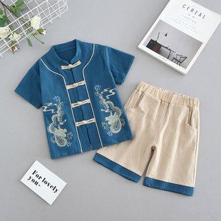 儿童汉服男童夏季短袖唐装宝宝夏装周岁礼服中国风套装表演服纯棉