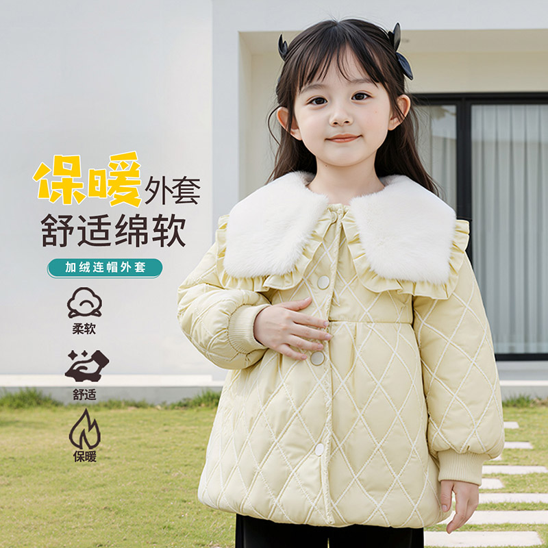中小童宝宝秋冬加绒加厚菱形格外套女童可爱甜美大翻领棉衣棉服潮