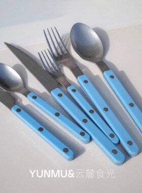 法式天蓝色304不锈钢雪花复古西餐餐具牛排刀叉勺子黄油果酱抹刀