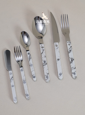 ins风高级感大理石纹夹柄不锈钢牛排刀叉勺黄油刀法式西餐餐具