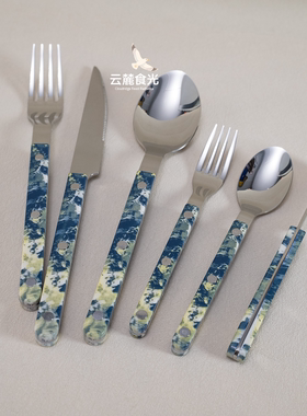 304不锈钢沙丘星空配色夹柄刀叉勺黄油刀甜品小勺叉法式西餐餐具