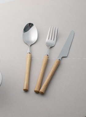 304不锈钢西餐刀勺子叉子甜品勺叉牛排刀白蜡木手柄