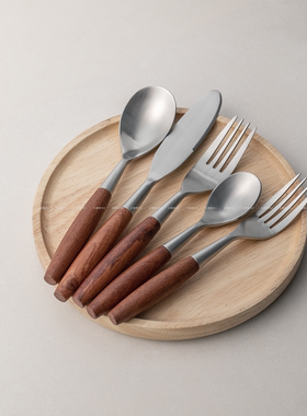 复古巴花木柄304不锈钢餐具刀叉勺银色雾面小众款轻奢花梨木餐具