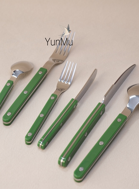 304不锈钢中古绿色手柄刀叉勺子甜品水果叉沙拉勺黄油刀西餐餐厅