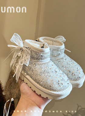 书萌女童烫钻水晶公主靴儿童雪地靴中大童外穿雪地棉鞋防滑宝宝靴
