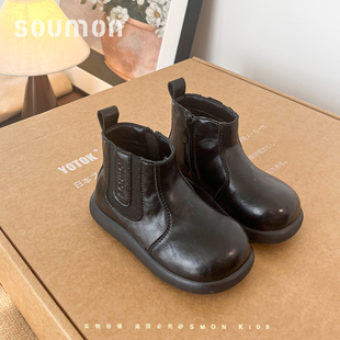 女童黑色皮靴小童切尔西靴女款2026秋季新款儿童靴子软底宝宝短靴