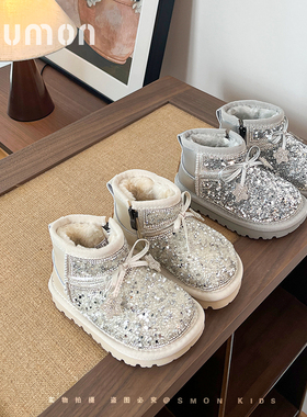 书萌女童雪地靴子2025新款冬季加绒保暖棉鞋女宝宝软底烫钻公主靴