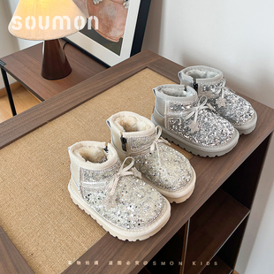 书萌女童雪地靴子2026新款冬季加绒保暖棉鞋女宝宝软底烫钻公主靴