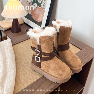 书萌女童雪地靴2026冬季新款中筒儿童加绒保暖大棉鞋皮带扣棉靴子