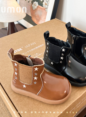 女童黑色皮靴加绒短靴软底宝宝靴小女孩甜美公主靴儿童防滑星星靴