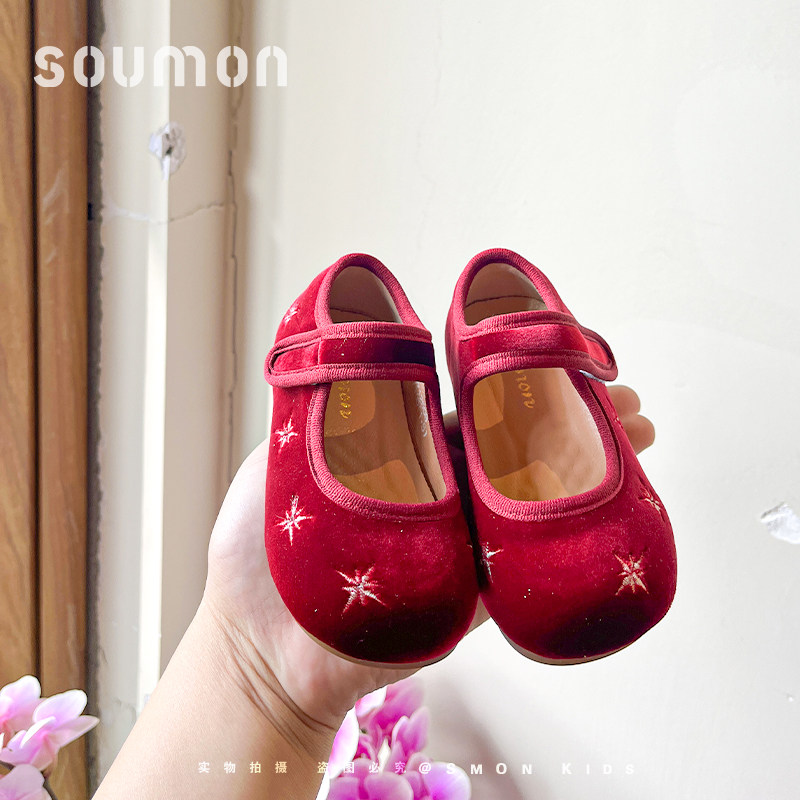 女童公主鞋2026春季新款洋气礼服鞋子红色丝绒小女孩儿童软底皮鞋