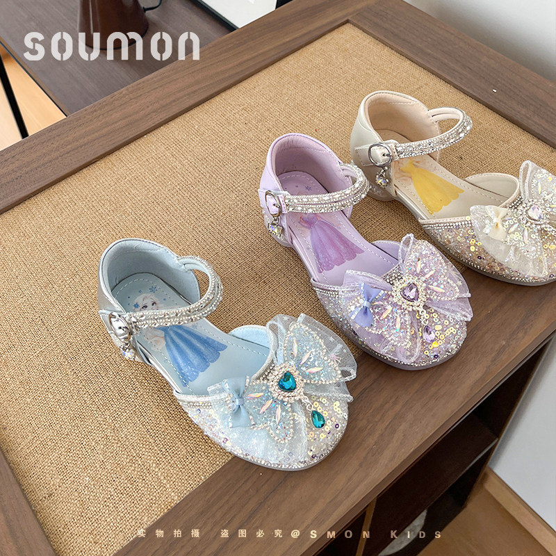 书萌女童公主鞋2026新款夏季艾莎水晶鞋水钻小女孩皮鞋儿童半凉鞋